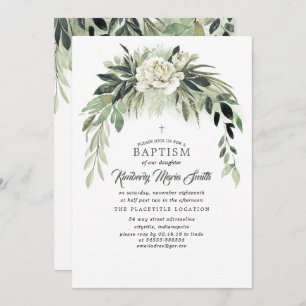 Botanical Watercolor Greenery Garland Baptism Invitation
