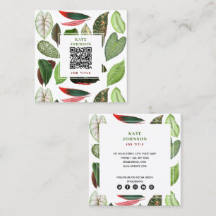 Botanical Watercolor Greenery Leaves QR Code  Square Business Card