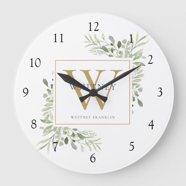 Botanical Watercolor Greenery Monogram Name Large Clock (Front)