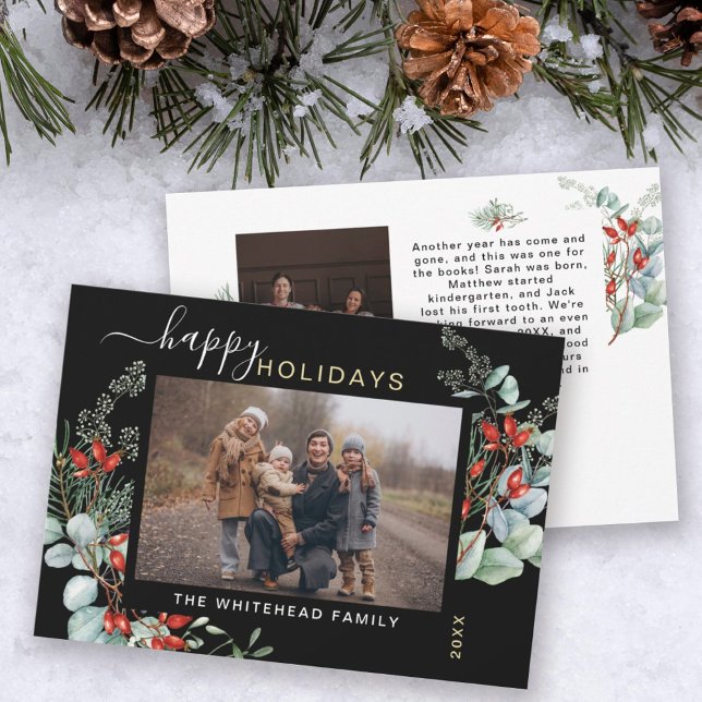 Botanical Watercolor Greenery Photo Black Holiday Card (Creator Uploaded)