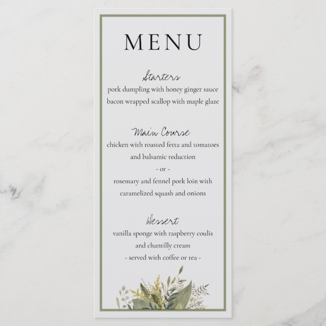 Botanical Watercolor Greenery Wedding Menu (Front)