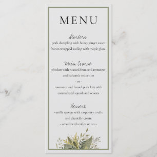 Botanical Watercolor Greenery Wedding Menu