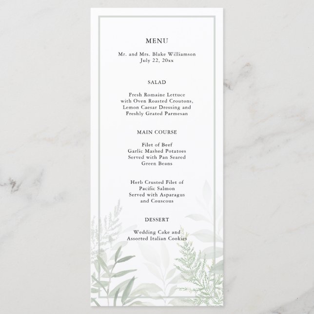 Botanical Watercolor Greenery Wedding Menu (Front)