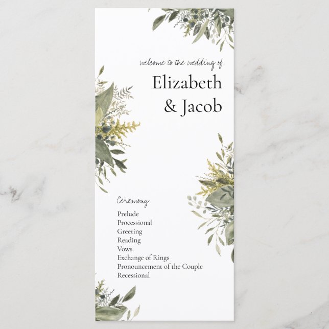 Botanical Watercolor Greenery Wedding Program (Front)