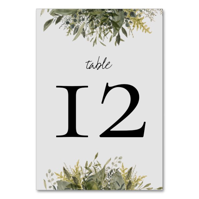 Botanical Watercolor Greenery Wedding Table Number (Front)