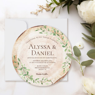 Botanical watercolor Greenery Wood Slice Rustic  Invitation
