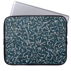 Botanical watercolor grey blue leaves on dark blue laptop sleeve