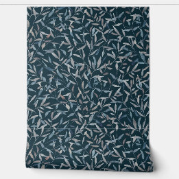 Botanical watercolor grey blue leaves on dark blue wallpaper