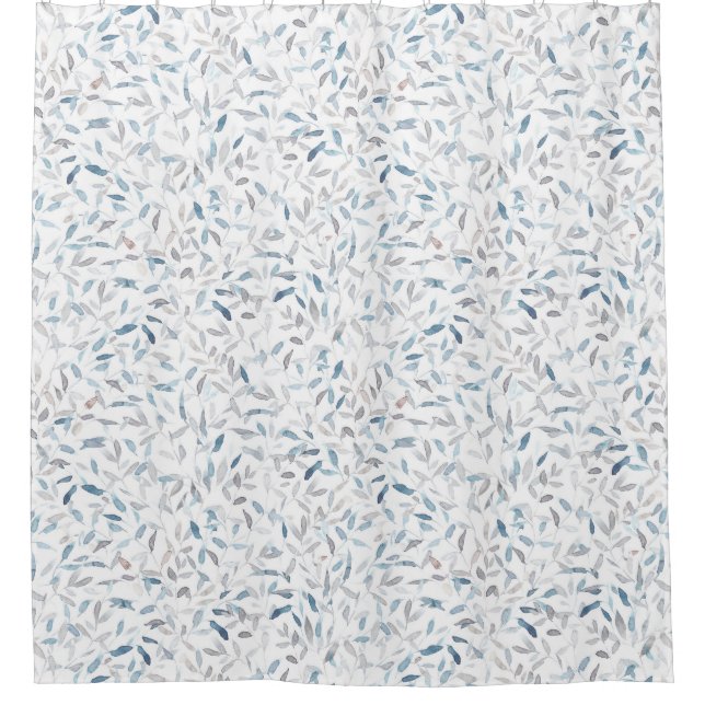 Botanical watercolor grey blue leaves on white shower curtain (Front)