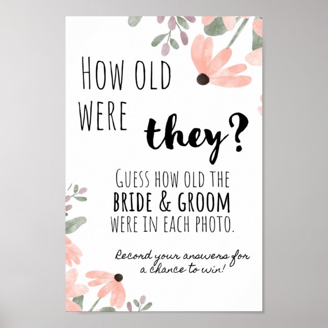 Botanical Watercolor "Guess The Age" Bridal Shower Poster (Front)