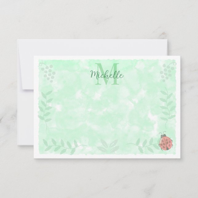 Botanical Watercolor Ladybug Monogram   Card (Front)