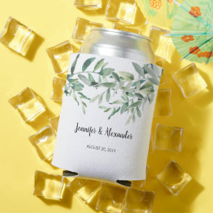 Botanical watercolor leaves Bride Groom Wedding Can Cooler