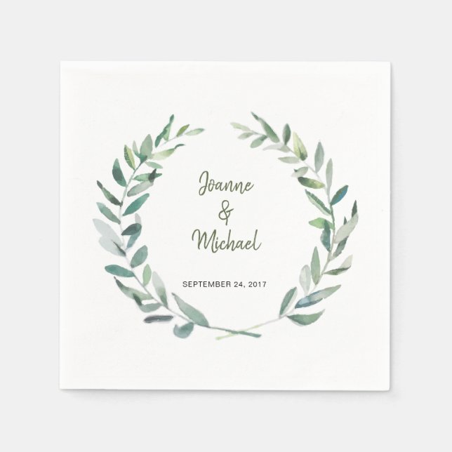 Botanical watercolor leaves bride groom wedding napkin (Front)