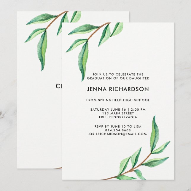 Botanical Watercolor Leaves | Graduation Party Invitation (Front/Back)