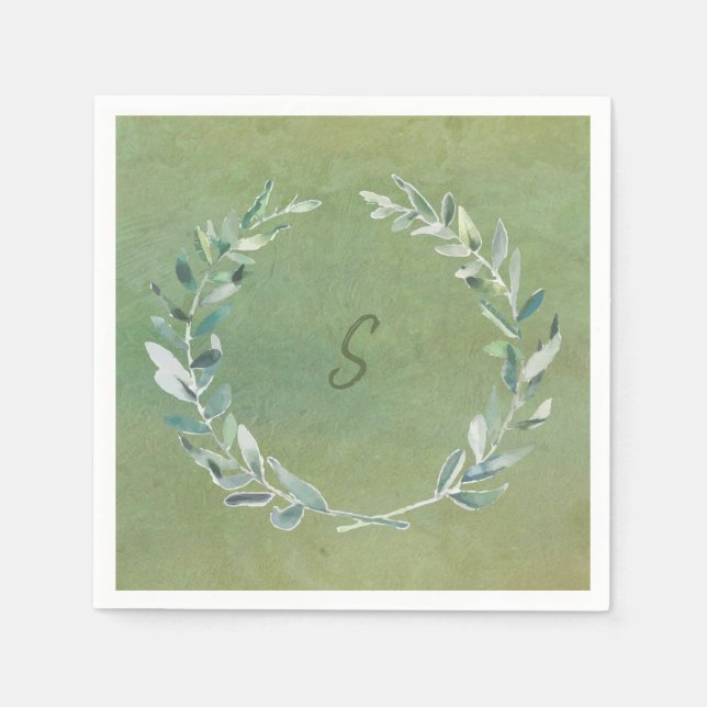 Botanical watercolor leaves green monogrammed napkin (Front)