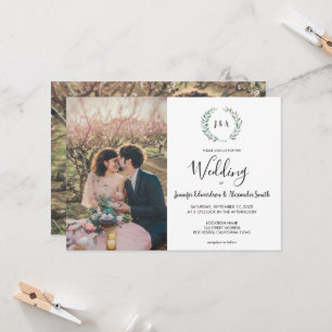 Botanical watercolor leaves monogram photo Wedding Invitation