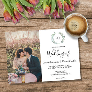 Botanical watercolor leaves monogram photo Wedding Invitation