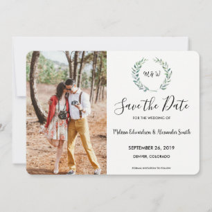 Botanical watercolor leaves monogrammed photo save the date
