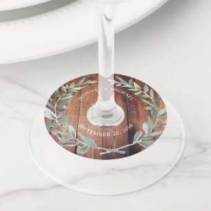 Botanical watercolor leaves on rustic wood wedding wine glass tag