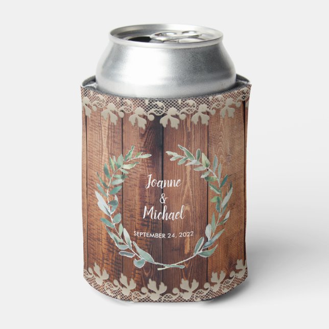 Botanical watercolor leaves rustic wood Wedding Can Cooler (Can Front)