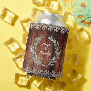 Botanical watercolor leaves rustic wood Wedding Can Cooler