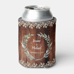 Botanical watercolor leaves rustic wood Wedding Can Cooler