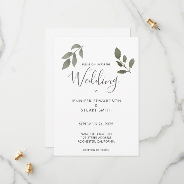 Botanical watercolor leaves wedding invitation (Front/Back In Situ)