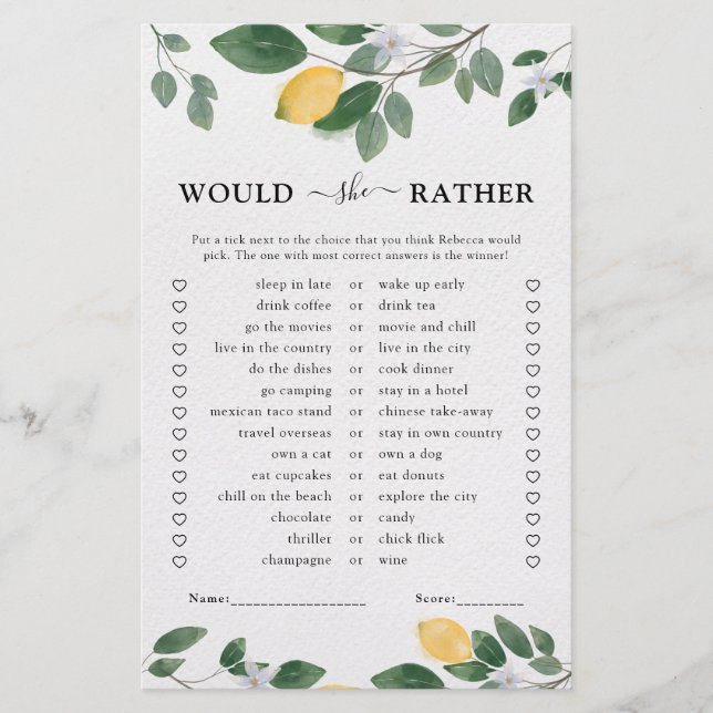 Botanical Watercolor Lemon Bridal Shower Game (Front)
