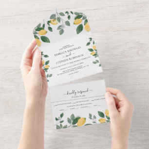 Botanical Watercolor Lemon & Greenery Wedding All In One Invitation