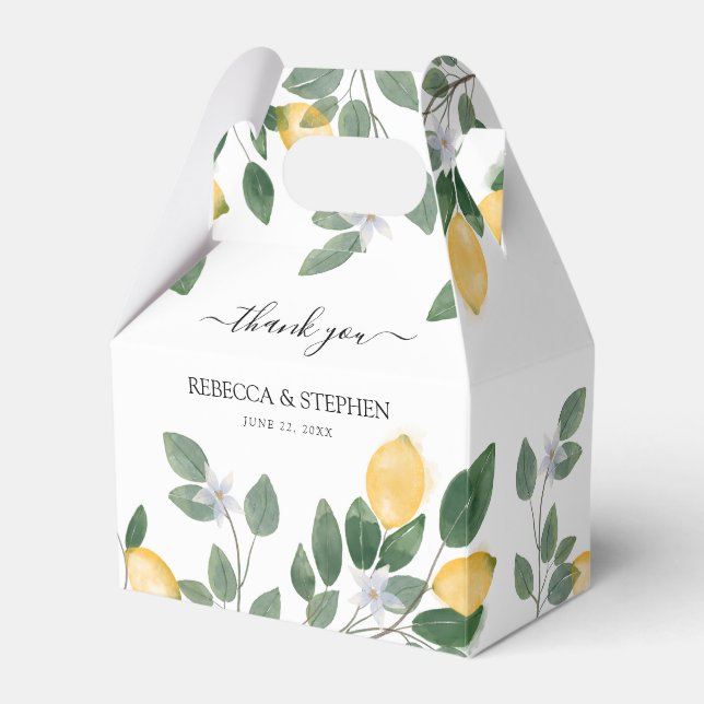 Botanical Watercolor Lemon & Greenery Wedding Favour Box (Front Side)
