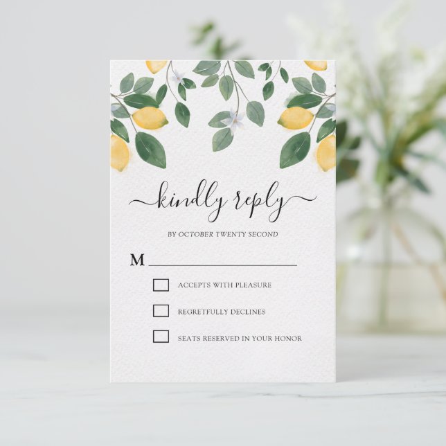 Botanical Watercolor Lemon & Greenery Wedding RSVP Card (Standing Front)