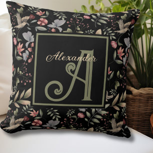 Botanical Watercolor Monogram Name & Initial Black Cushion