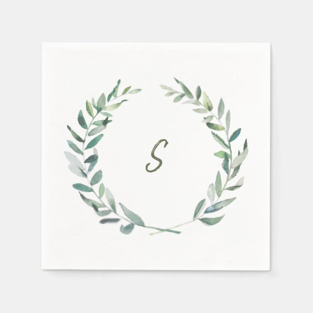 Botanical watercolor olive leaves monogrammed napkin (Front)