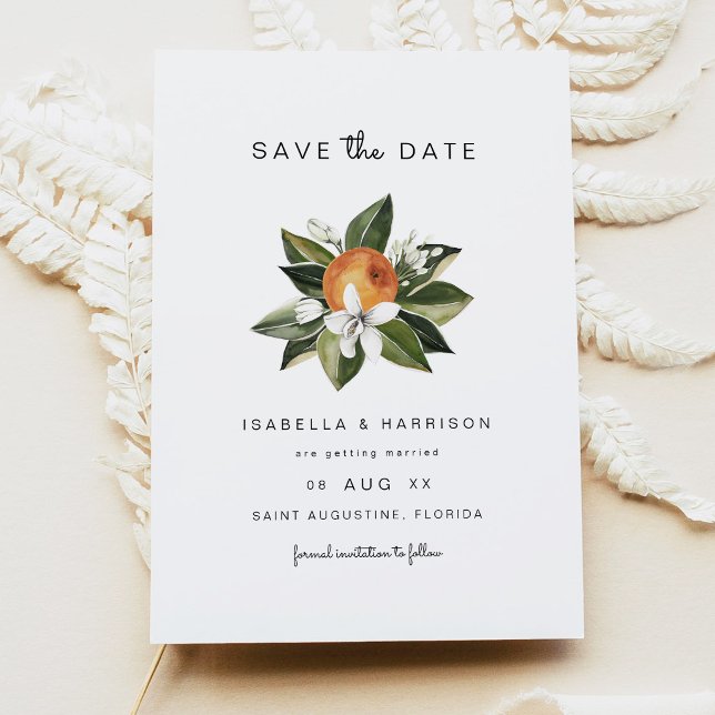 Botanical Watercolor Orange Blossoms Save Date Invitation (Elegant Orange Botanical Save the Date Cards)