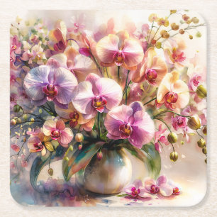 Botanical Watercolor - Orchid Floral Art Square Paper Coaster