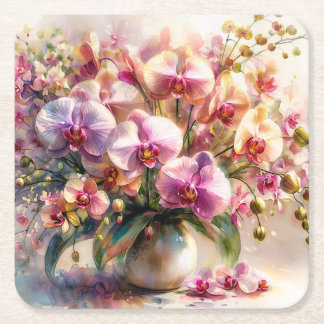 Botanical Watercolor - Orchid Floral Art Square Paper Coaster