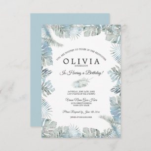 Botanical Watercolor Pale Dusty Blue Birthday Invitation