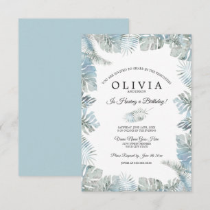 Botanical Watercolor Pale Dusty Blue Birthday Invitation