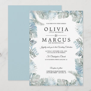 Botanical Watercolor Pale Dusty Blue Wedding Invitation