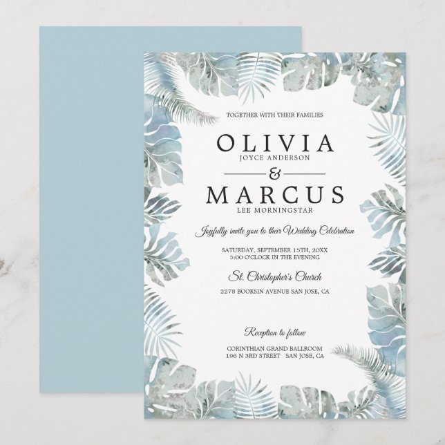 Botanical Watercolor Pale Dusty Blue Wedding Invitation (Front/Back)
