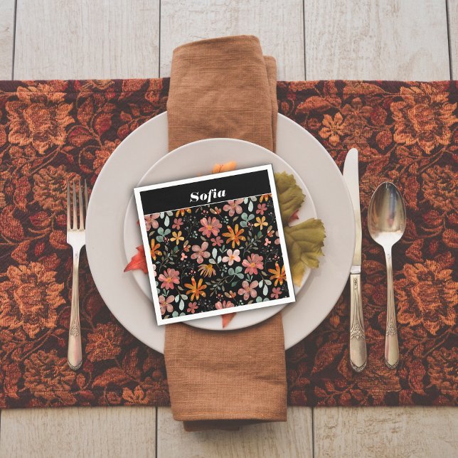 Botanical watercolor pattern custom black napkin (Creator Uploaded)