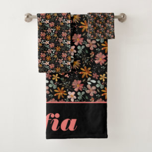 Botanical watercolor pattern custom pink black bath towel set