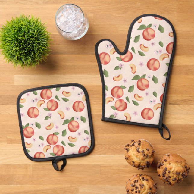 Botanical Watercolor Peaches & Blossoms  Oven Mitt & Pot Holder Set (Top Down)