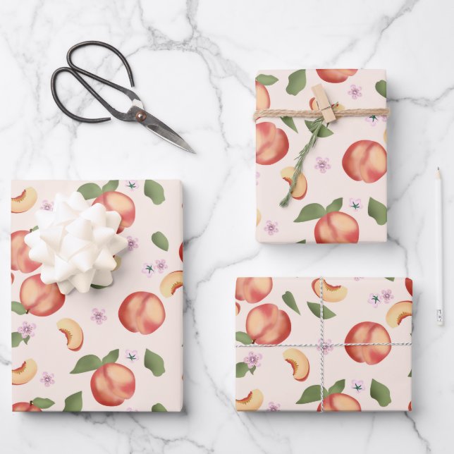 Botanical Watercolor Peaches & Blossoms  Wrapping Paper Sheet (Front)
