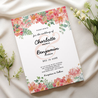 Botanical watercolor pink green floral Wedding Invitation