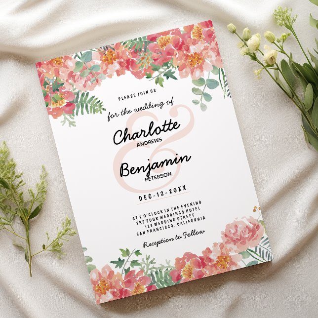 Botanical watercolor pink green floral Wedding Invitation (Botanical watercolor pink green floral Wedding )