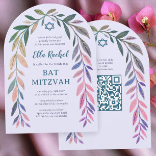 Botanical Watercolor QR Code Bar Bat Mitzvah Arch Invitation