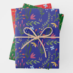 Botanical Watercolor Red, Yellow, Blue Floral Wrapping Paper Sheet