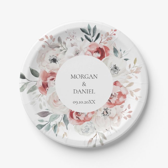 Botanical Watercolor Rose Garden Wedding  Paper Plate (Front)