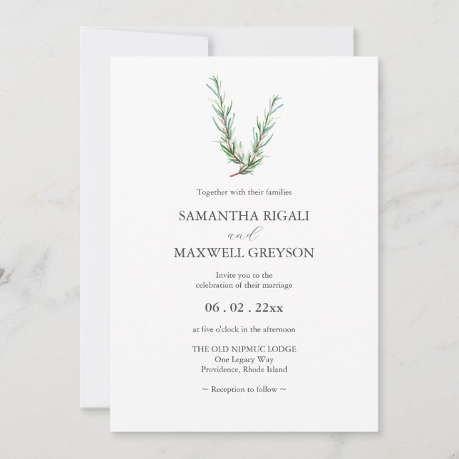 Botanical Watercolor Rosemary Branch Wedding Invitation (Front)